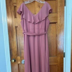 Formal Dusty-Pink Gown Ruffle V Neckline With Front Slit